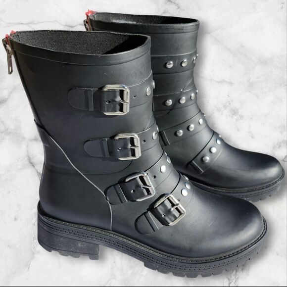 STEVE MADDEN Black Mid Calf Buckle Steampunk Grunge Chunky Zip Rain‎ Boot Size 7 - Picture 1 of 13
